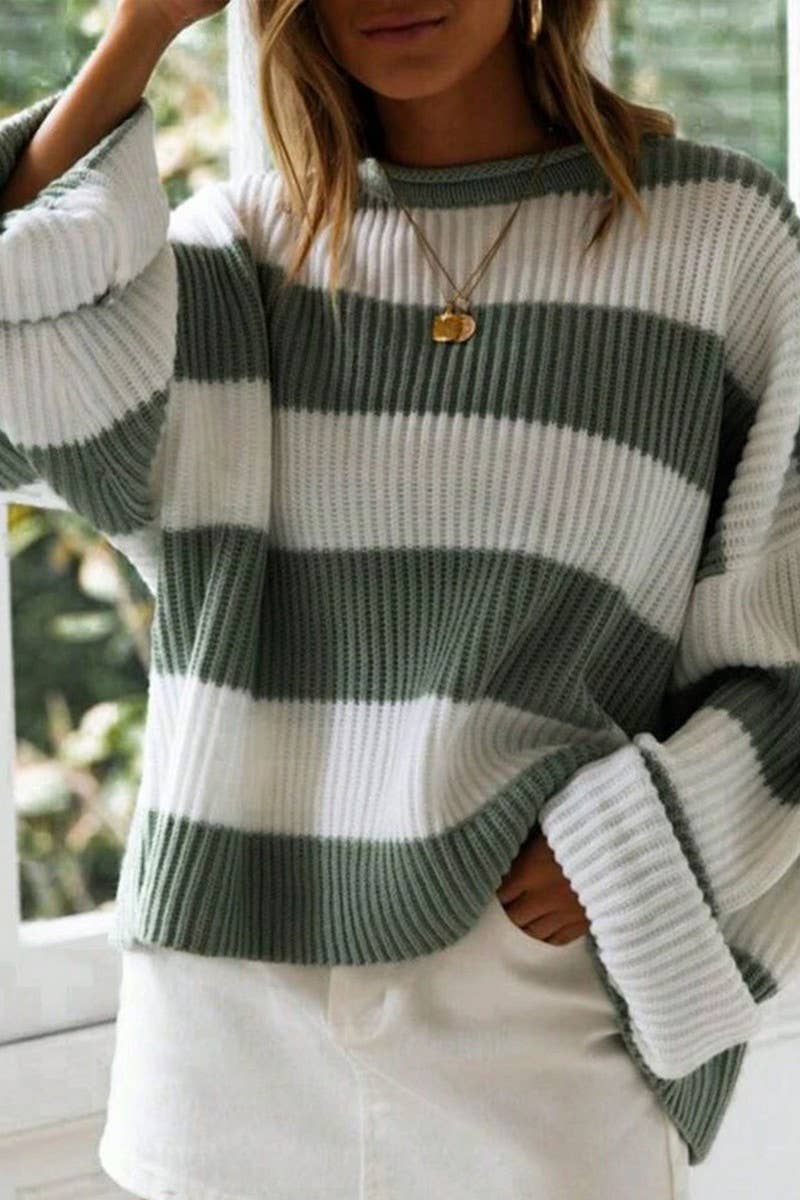 CWOSWL07625_RETRO COLORBLOCK STRIPED LOOSE KNIT SWEATER