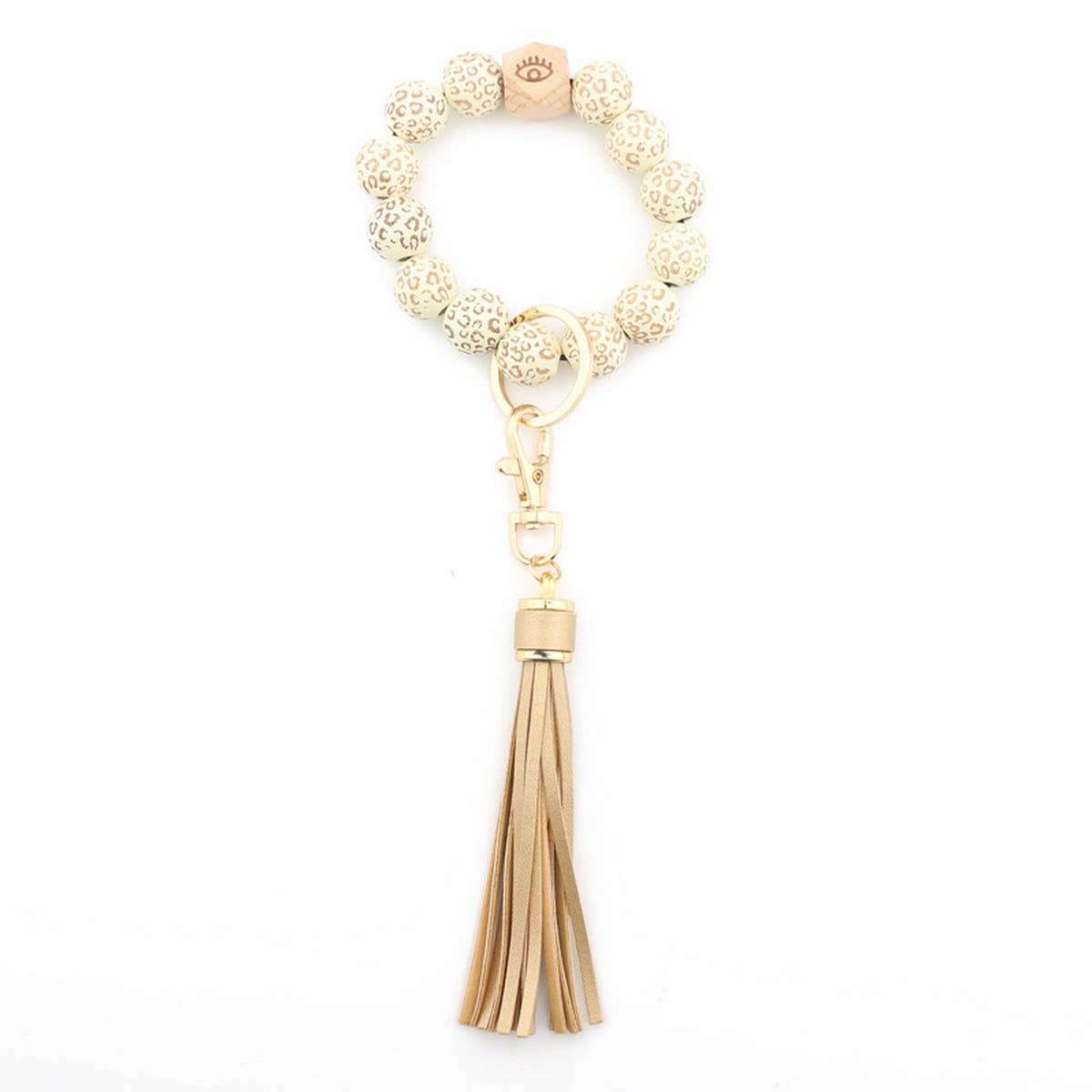 Leopard Wood Bead Bracelet Keychain with Tassel