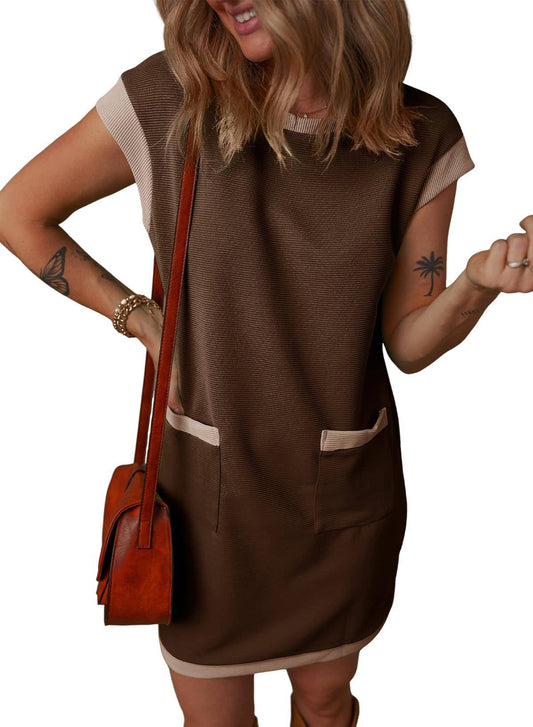 Women¡¯s colorblock pocket sleeve mini dress