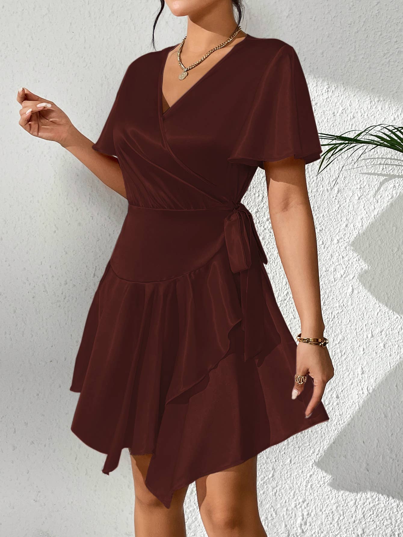 Satin V-neck solid color mid-length dress
