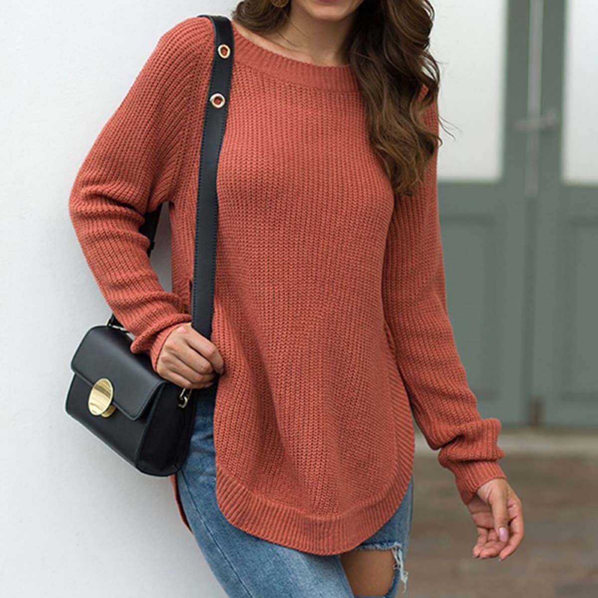 SOLID COLOR CREW NECK PULLOVER WITH HIGH SPLIT