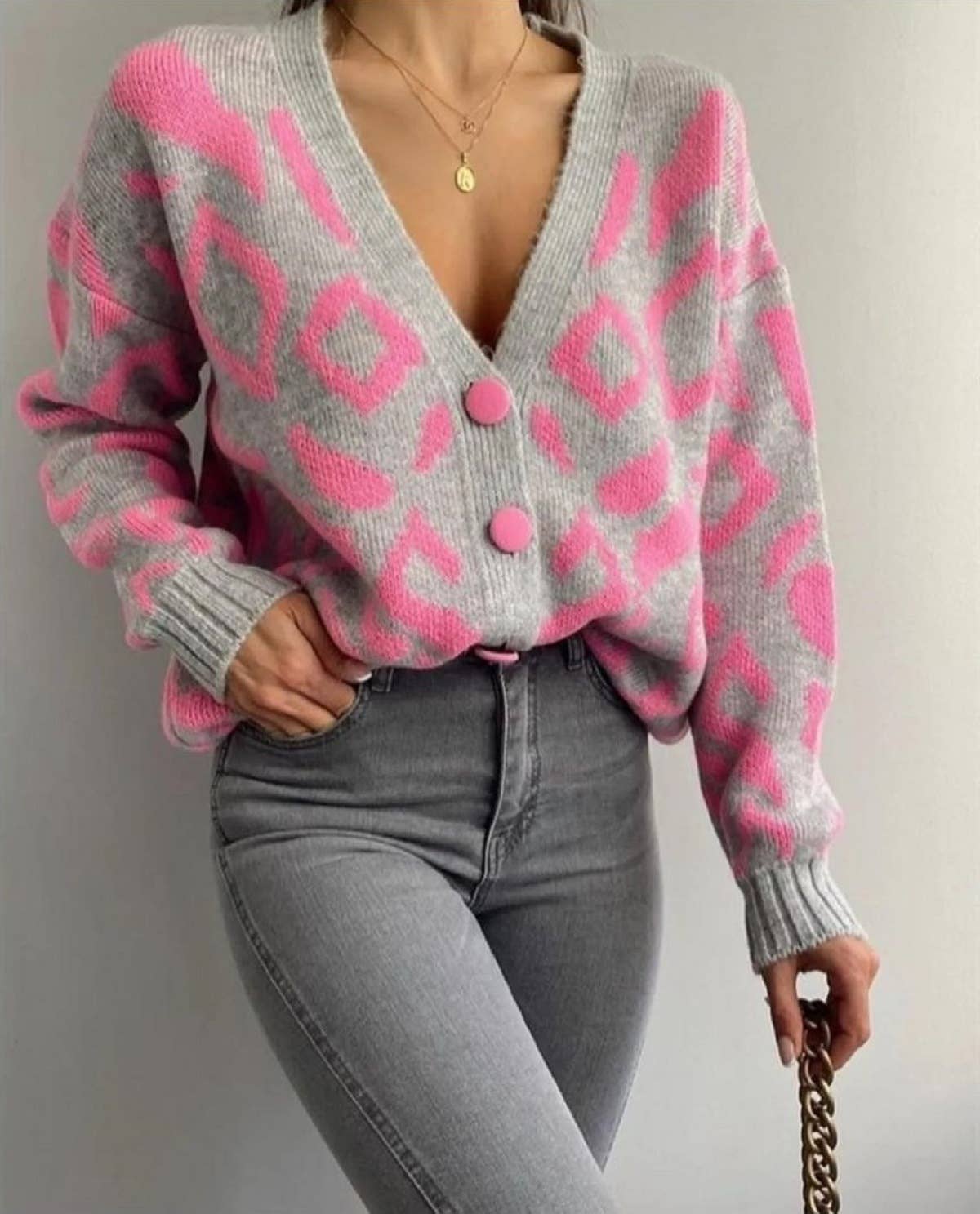 JACQUARD V-NECK SINGLE BREASTED COAT CARDIGAN
