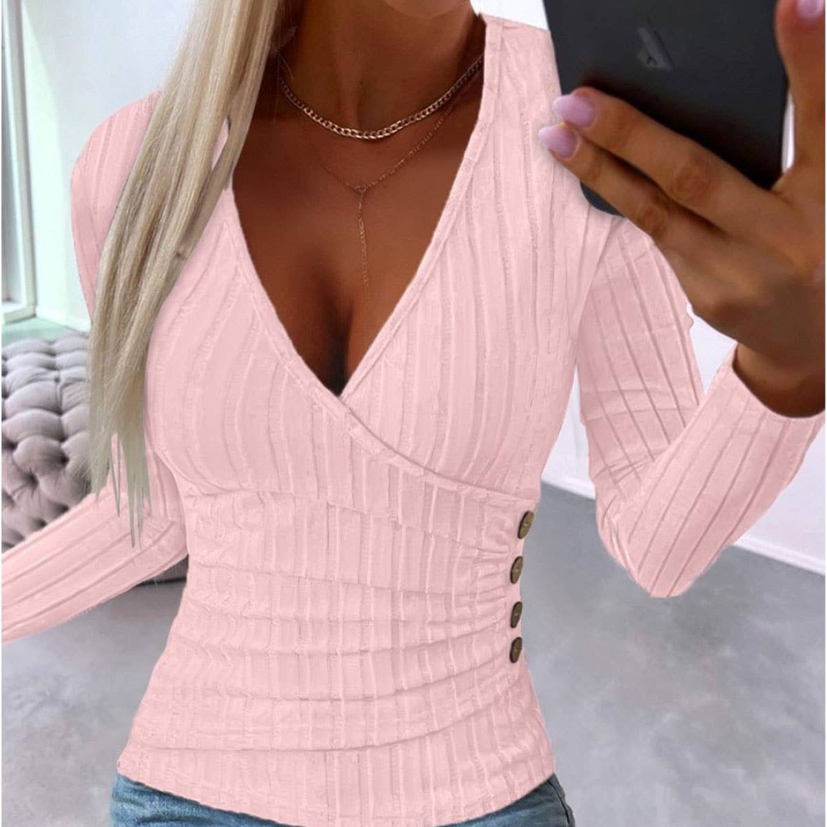 SIMPLE LONG SLEEVE V-NECK PULLOVER SWEATER