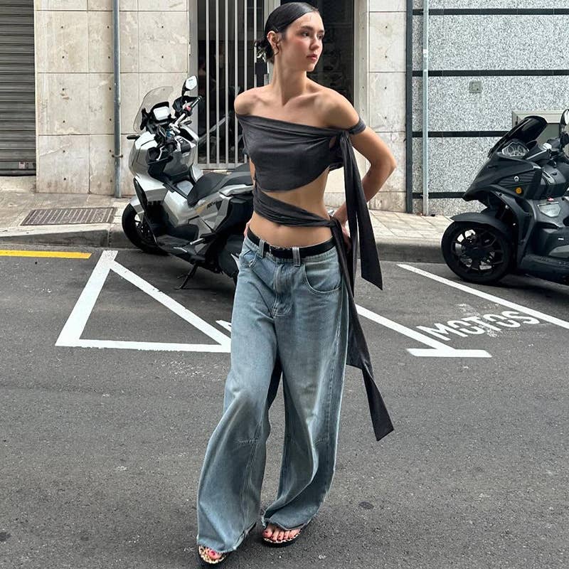 Fashion Off-Shoulder Sexy Tie Waist Crop Top