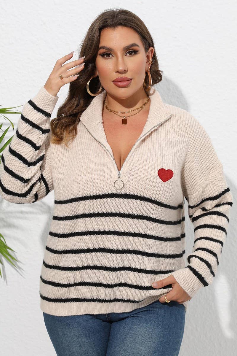 CWOSWL1593_PLUS Size Zip-Up Long Sleeve Pullover Sweater