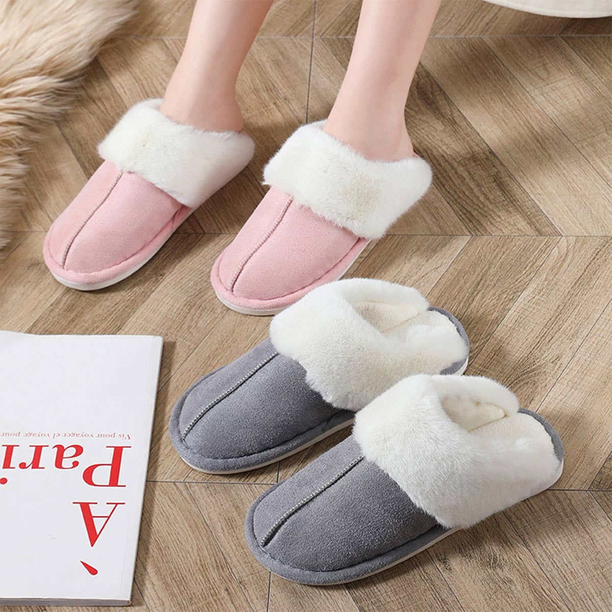 FAUX SUEDE FUZZY SLIPPERS WOMEN,MEN