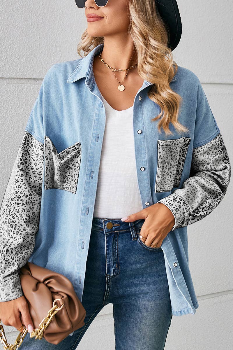 LEOPARD LONG SLEEVE PATCHWORK DENIM SHIRT CARDIGAN_CWJT0020