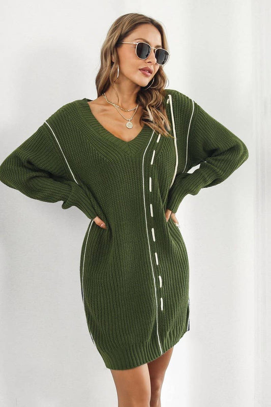 CWDSD7333_LOOSE NEW V-NECK LONG-SLEEVED SWEATER DRESS