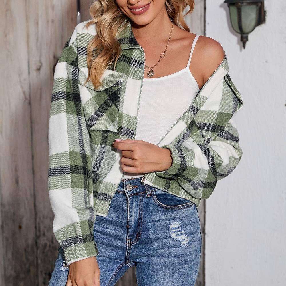 Printed Plaid Jacket With Zipper Pocket