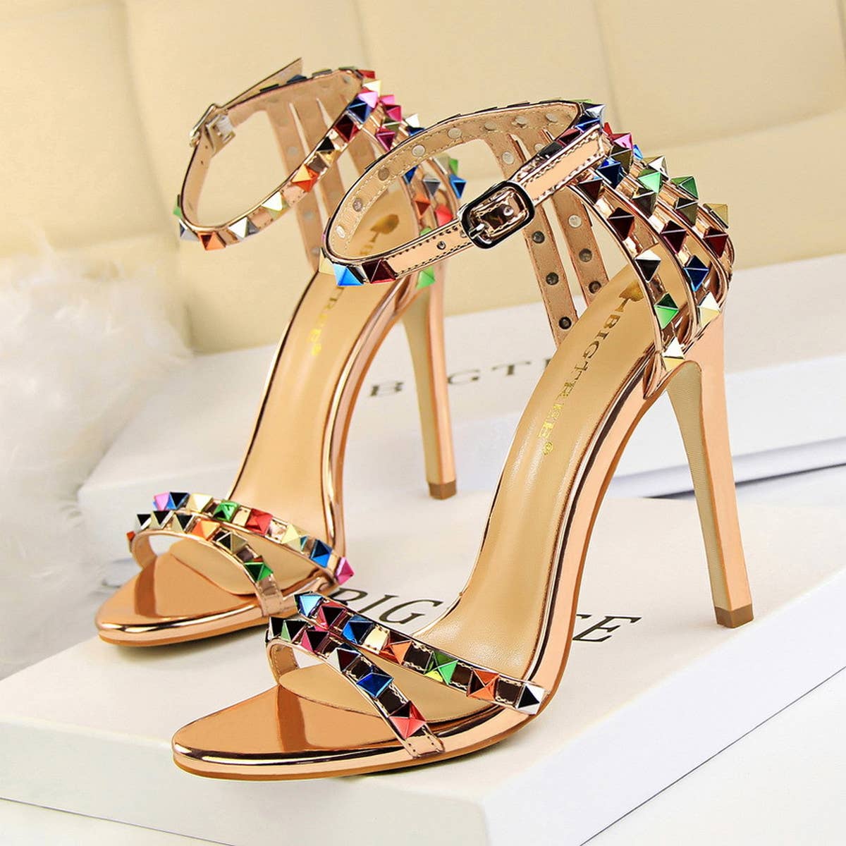 WOMEN STILETTO OPEN TOE STUDDED HIGH HEELS