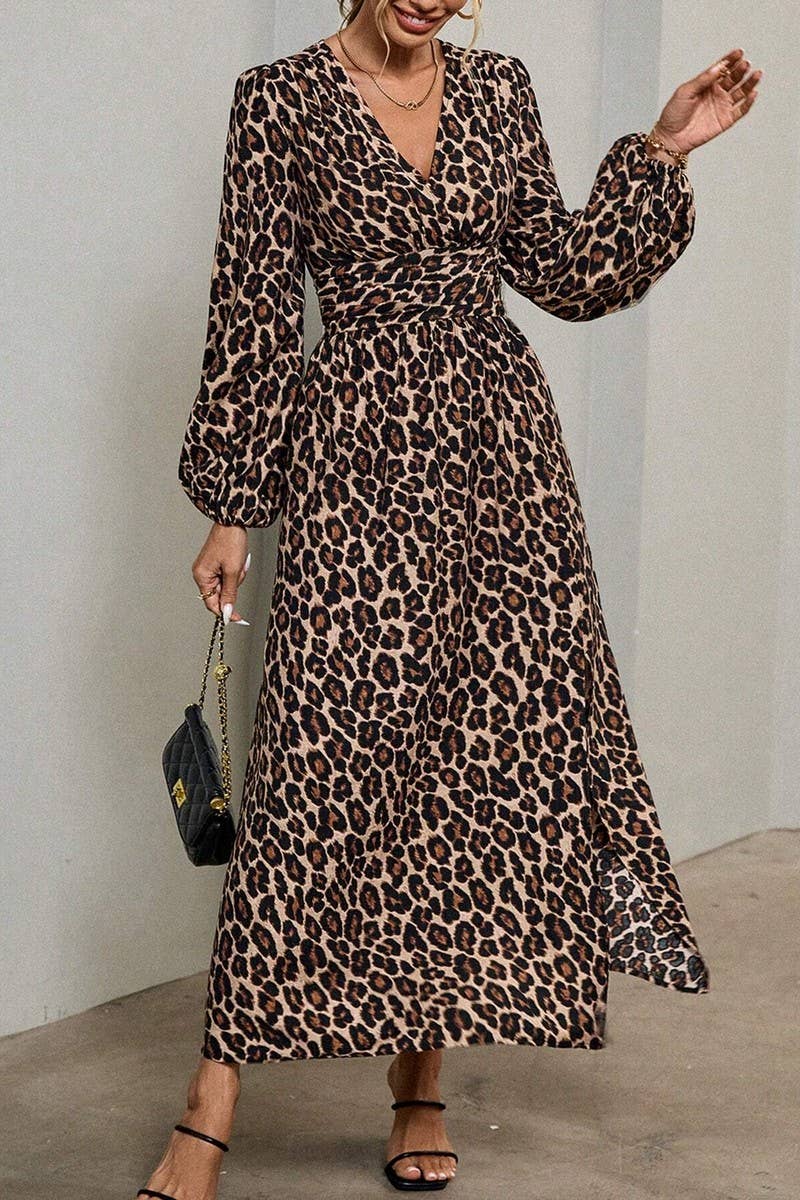 CWDMD3950_V-NECK LANTERN SLEEVES HIGH SLIT DRESS