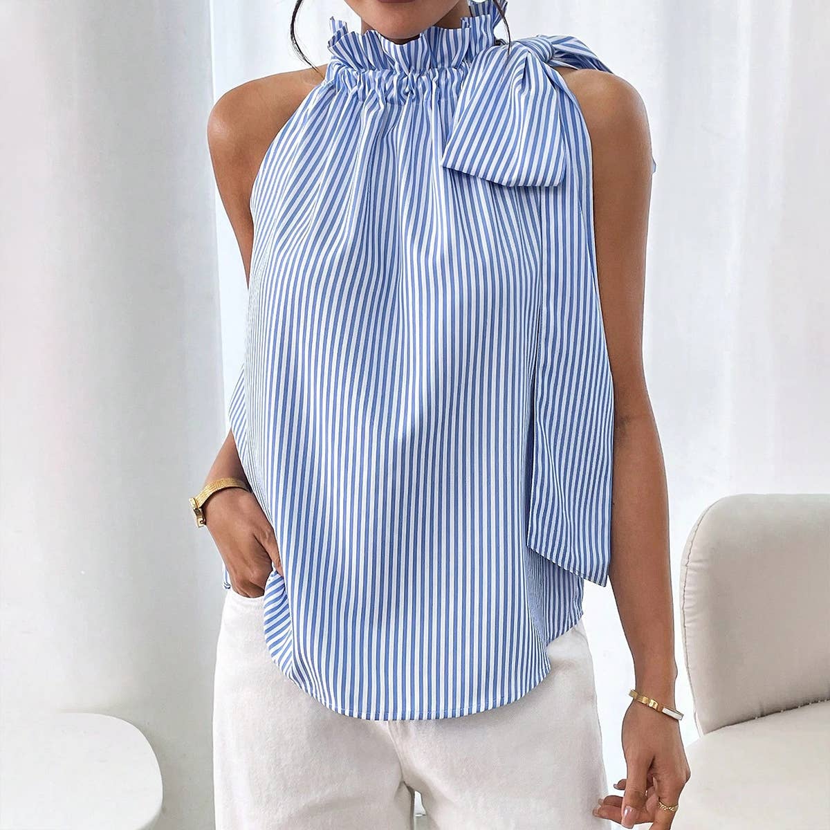 Fashion striped lace high-neck knot-tied T-shirt