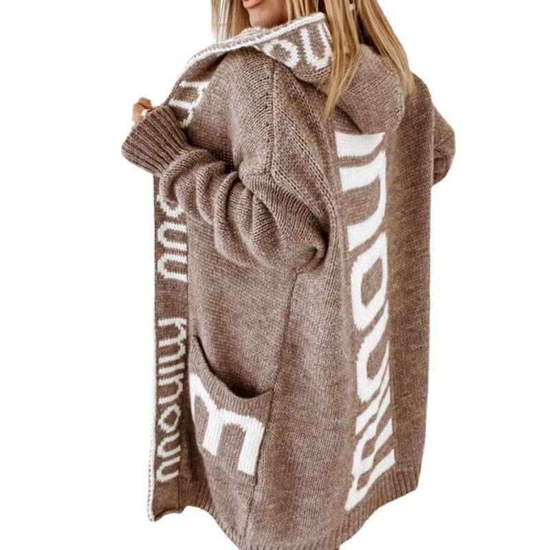 HOODED LETTER KNIT LONG SWEATER COAT