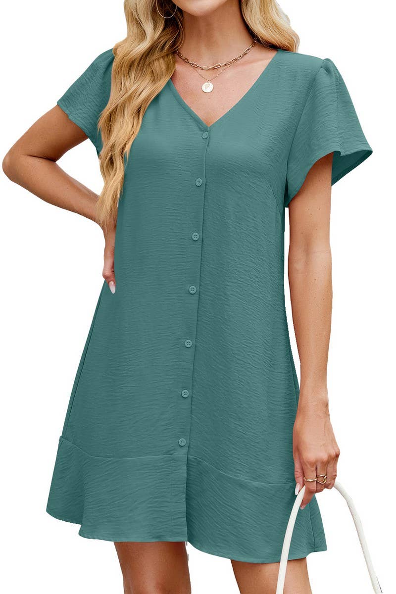 CWDSD7313_SOLID COLOR V-NECK BUTTON SHORT SLEEVE DRESS