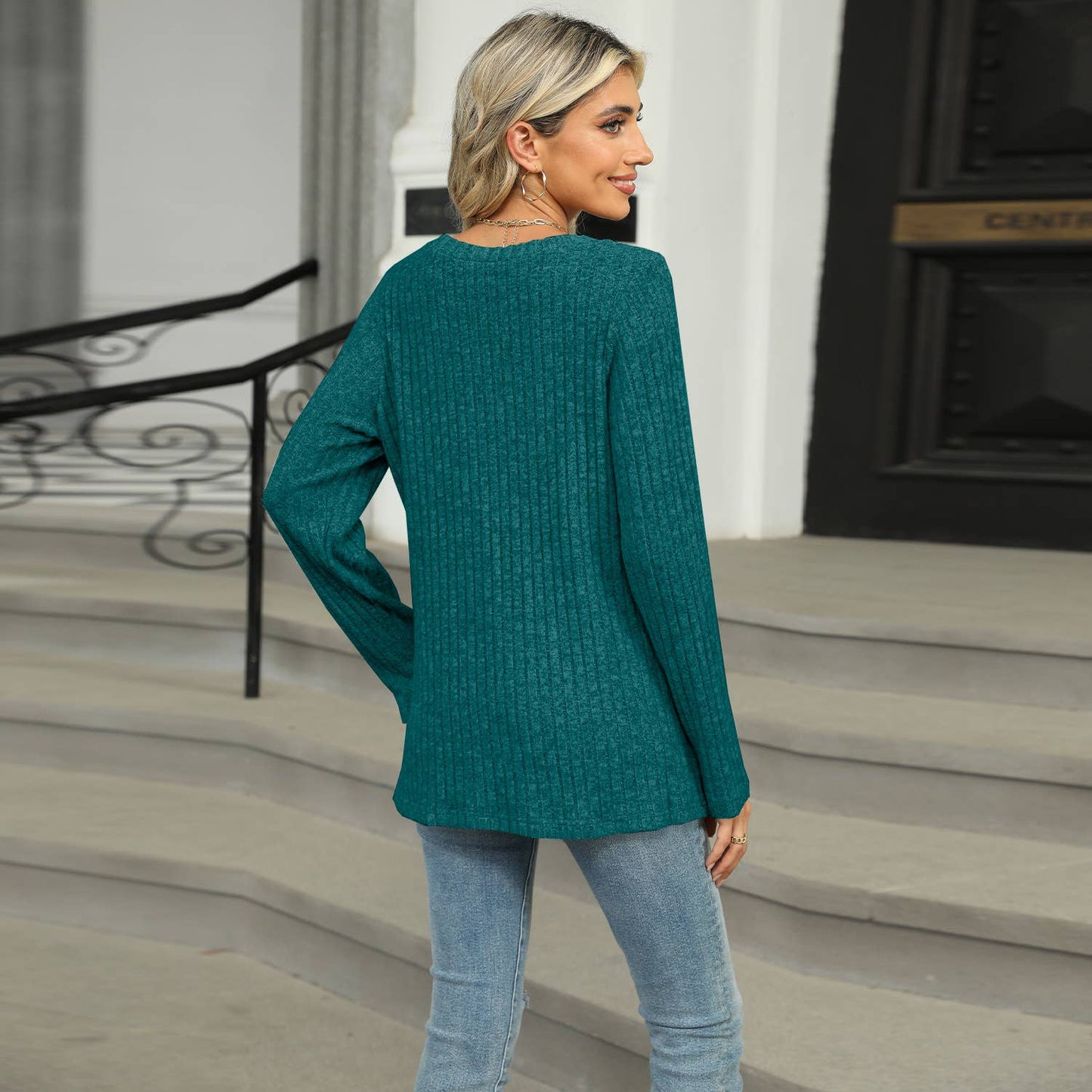 SINGLE-BREASTED CREW NECK LONG SLEEVE T-SHIRT