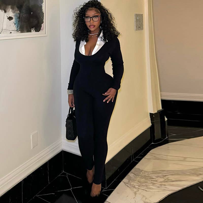 SKINNY ZIPPER LONG SLEEVE WHITE U-NECK JUMPSUIT_CWSJS1257