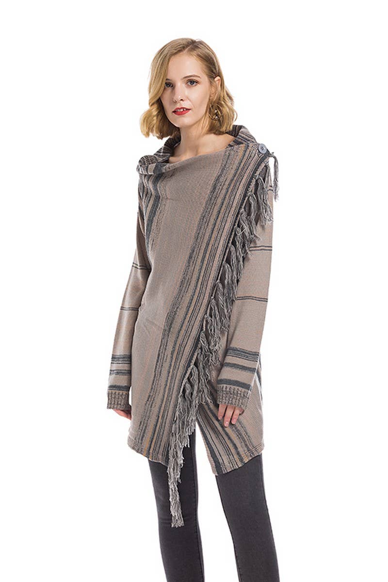 CWOCAL0945_STRIPED LOOSE IRREGULAR TASSEL KNITTED CARDIGAN