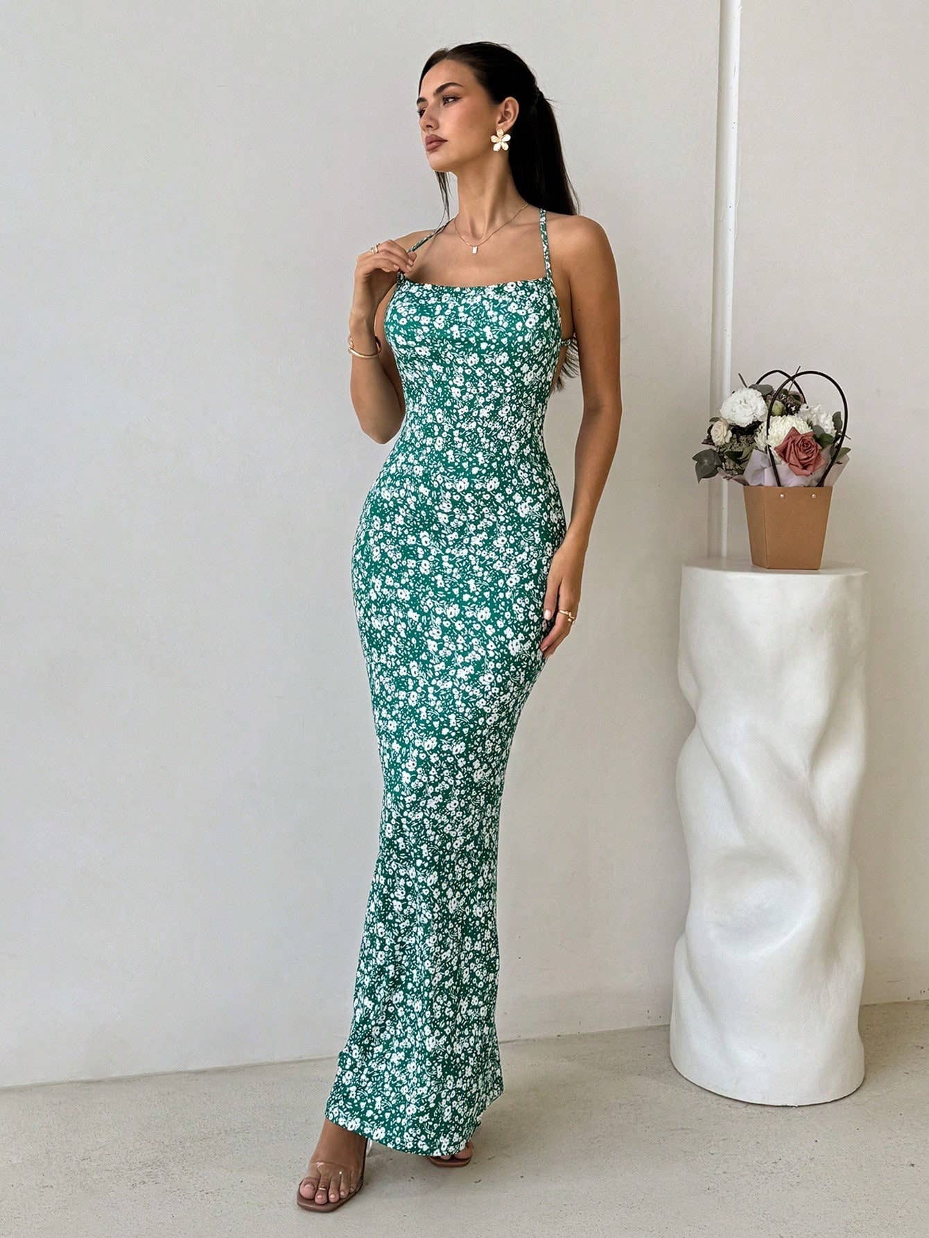 Sweet fresh floral backless halter vacation Dress
