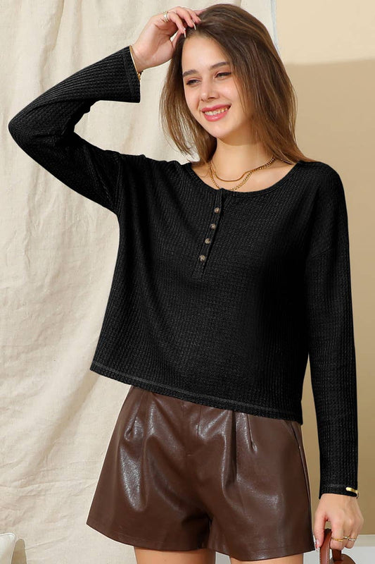 Cwttl1483_V-Neck Casual Long Sleeve Top