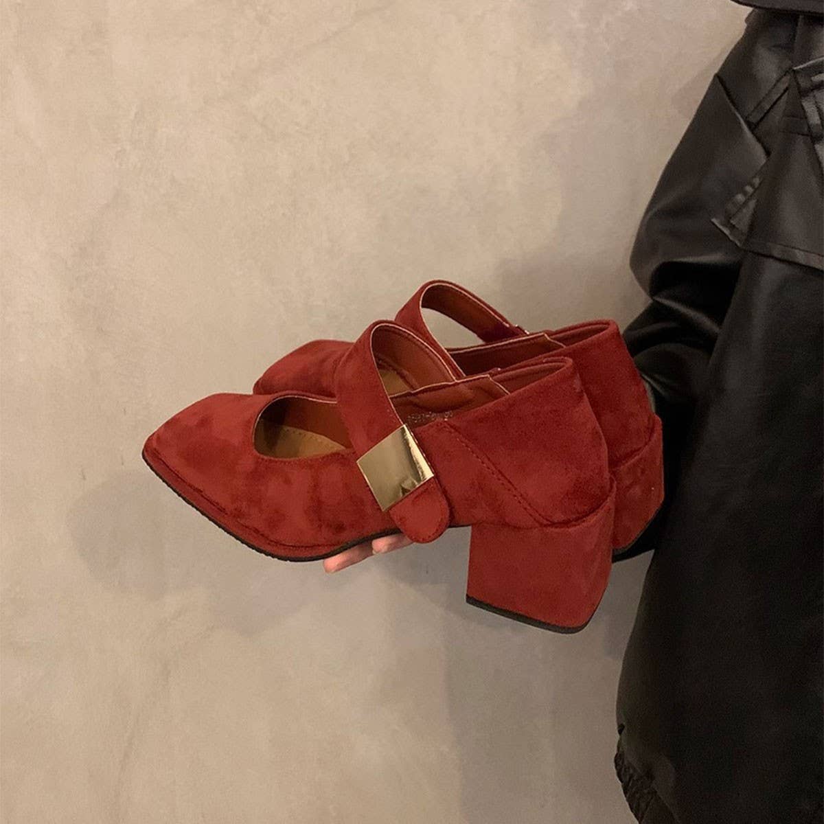 Red Block Heel Square Toe Mary Jane Shoes_CWSHF0110