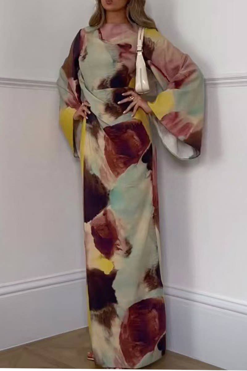 CWDMD5475_PLEATED PRINTED TRUMPET SLEEVE MAXI DRESS