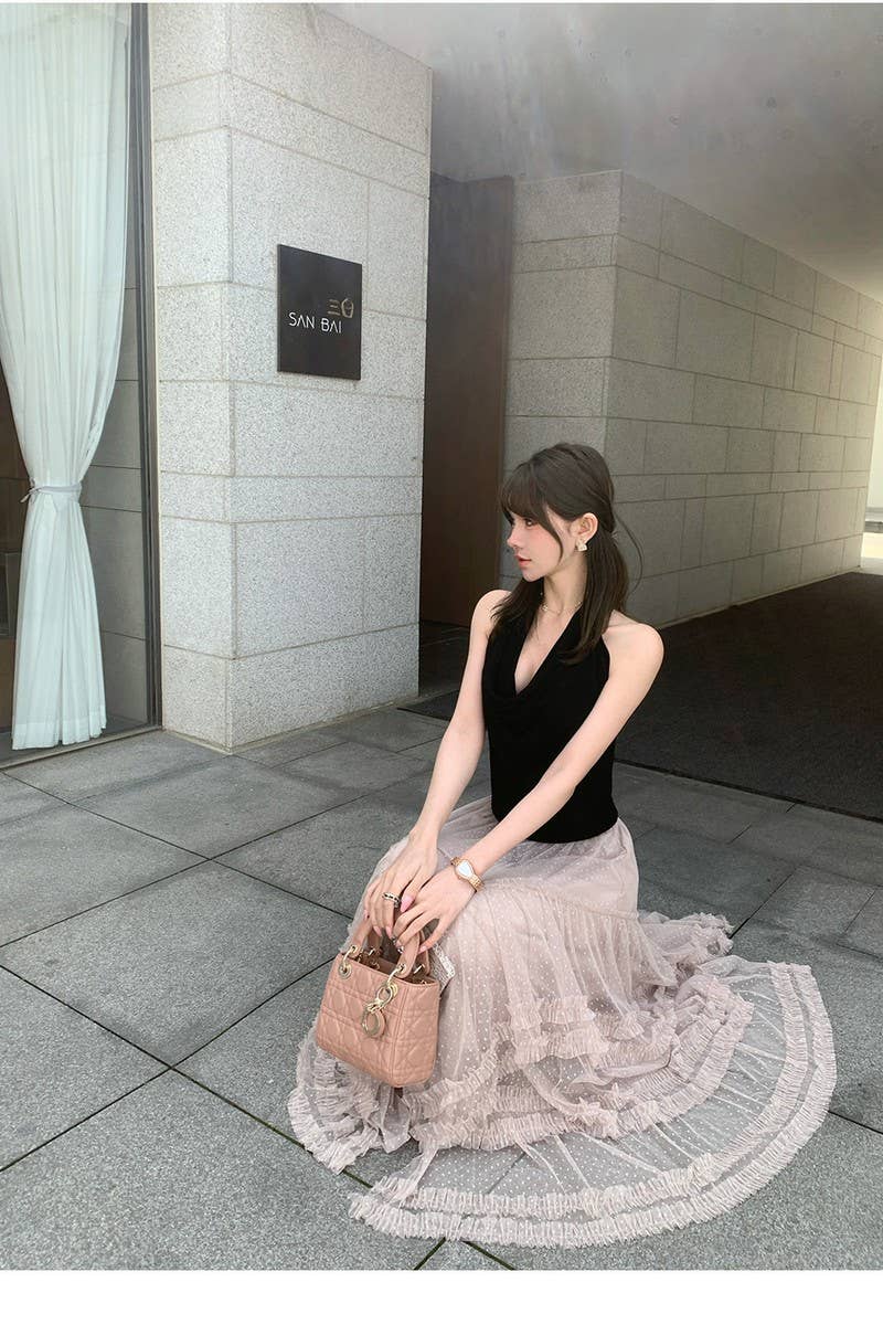 CWBLS00714_2025 FLORAL MESH RUFFLE IRREGULAR MAXI SKIRT