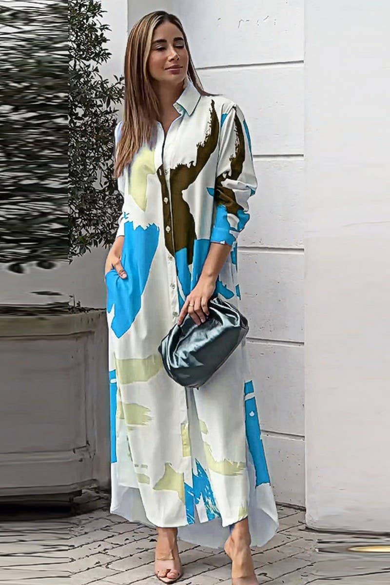 WOMEN COLLARED MARBLE PRINT COZY SHIRTS DRESS_CWDMD0719