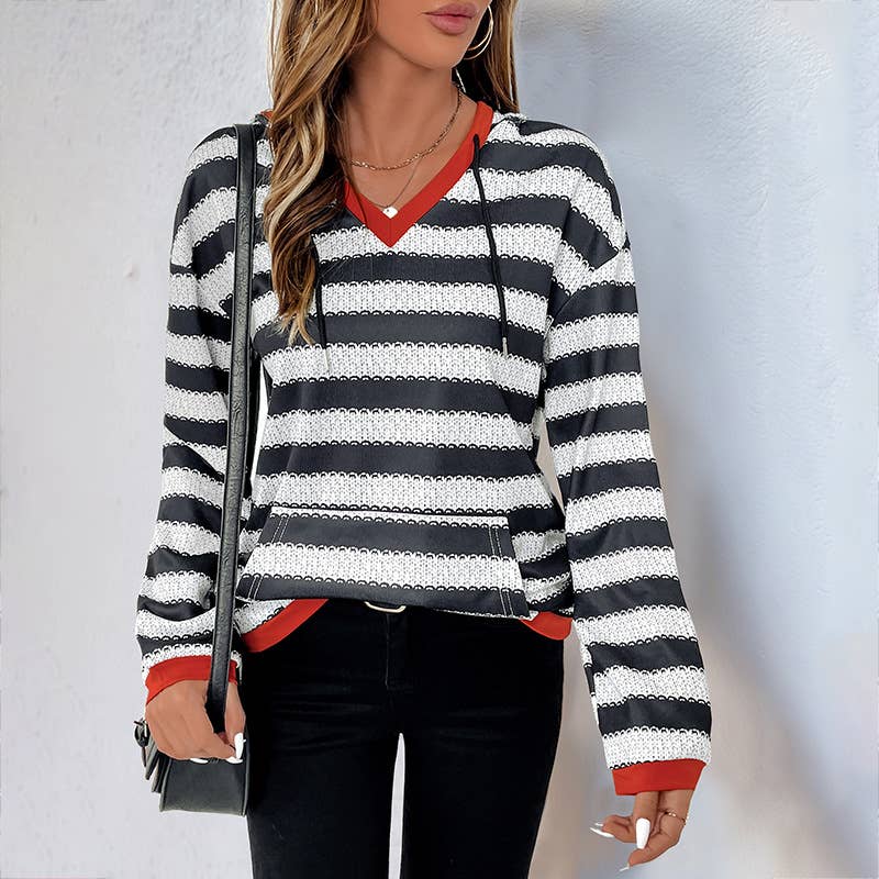 STRIPED SPLICED PULLOVER HOODED CASUAL HOODIE
