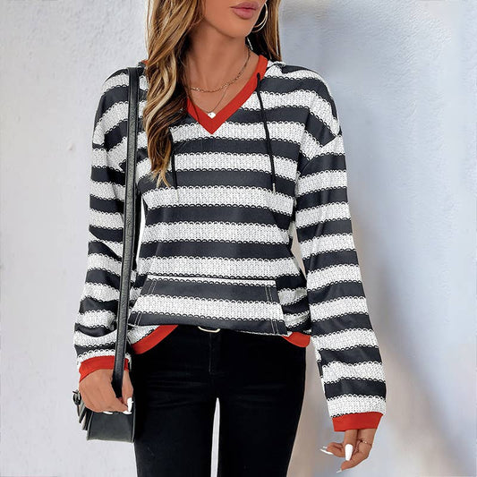 STRIPED SPLICED PULLOVER HOODED CASUAL HOODIE