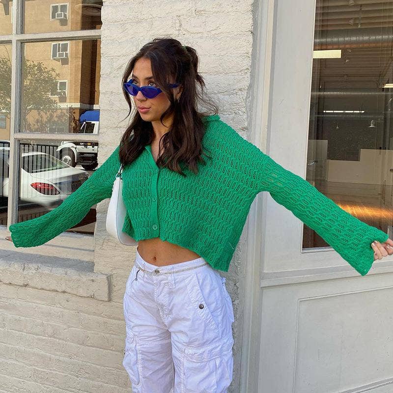 LAPEL HOLLOWED OUT SOLID COLOR BUTTON CARDIGAN