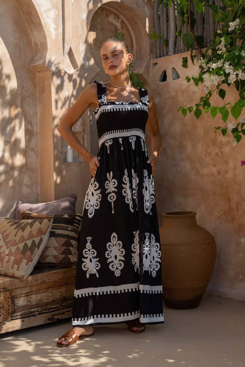 CWDHL1076_SUMMER RESORT STYLE PRINTED SUSPENDER BEACH DRESS