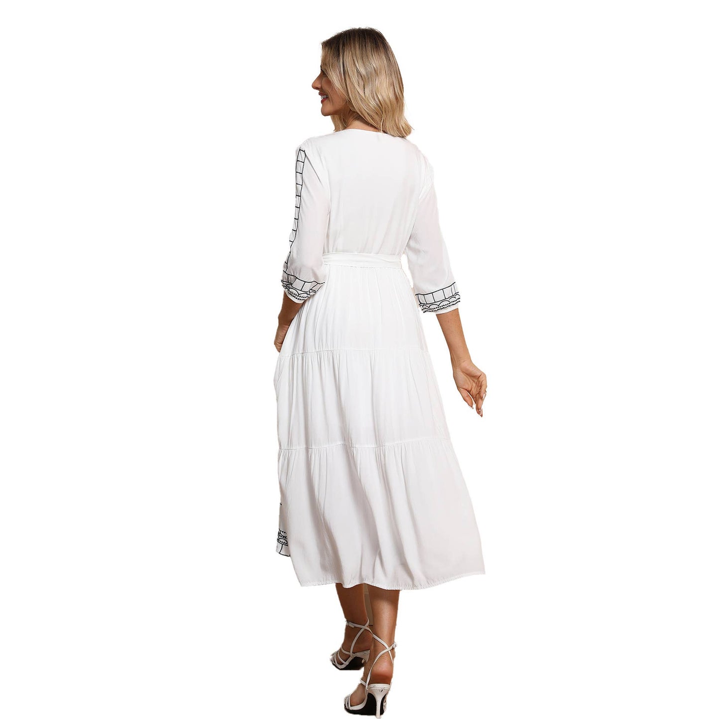 V-neck boho dress with belted waist