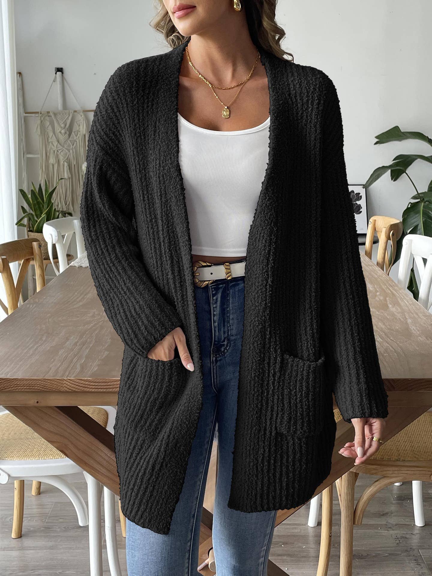 WOVEN SWEATER CASUAL DOUBLE POCKET CARDIGAN