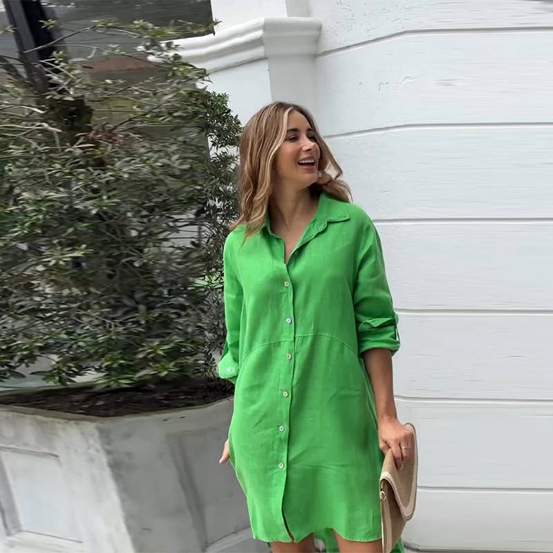 SOLID COLOR CASUAL STAND COLLAR BUTTON LONG DRESS