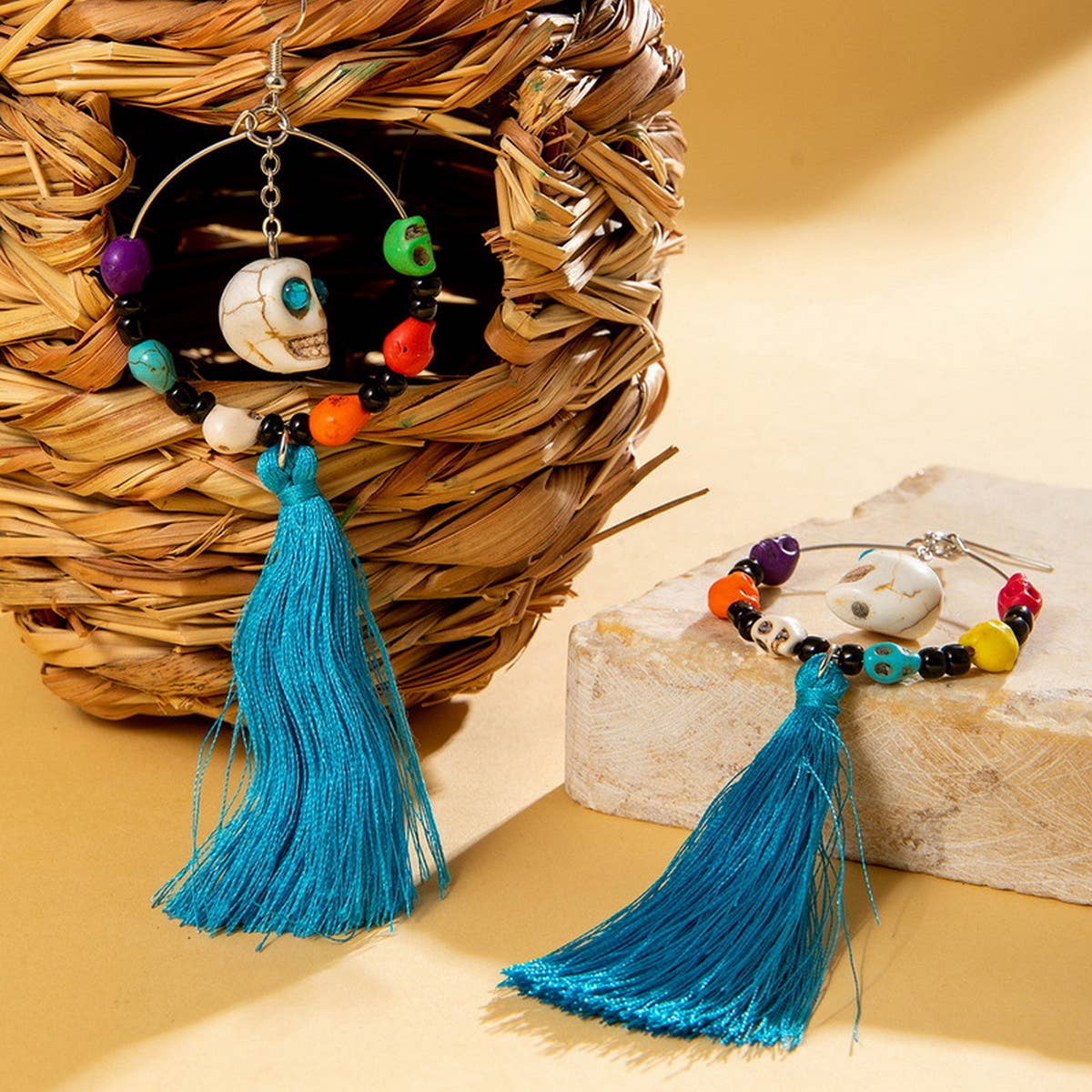 HALLOWEEN SKULL TASSEL RICE BEAD EARRINGS