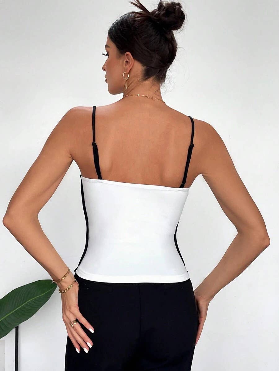 Lace-up color-blocking decorative halter top