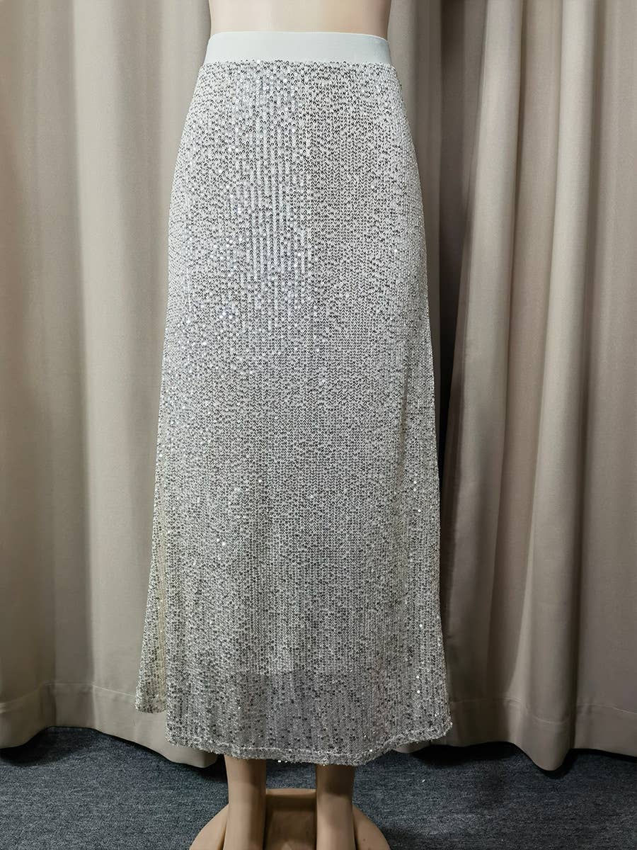 Sequined high-waisted inner elastic drape skirt