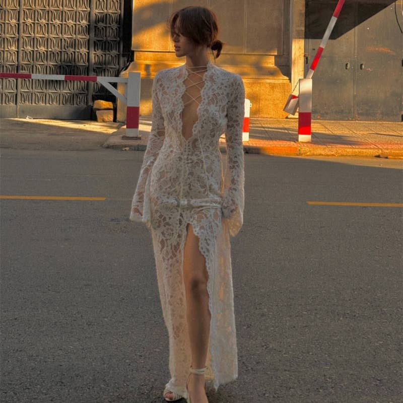 Lace-panel street style split long sleeve dress