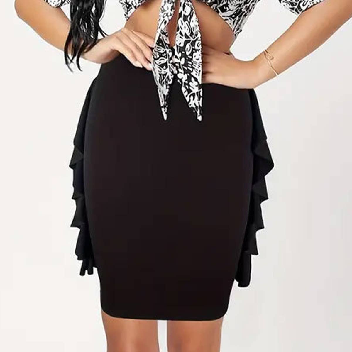 Double side ruffled hem knit skirt in solid color