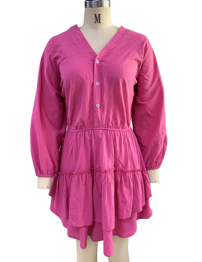 LONG SLEEVE SOLID COLOR COTTON LINEN DRESS