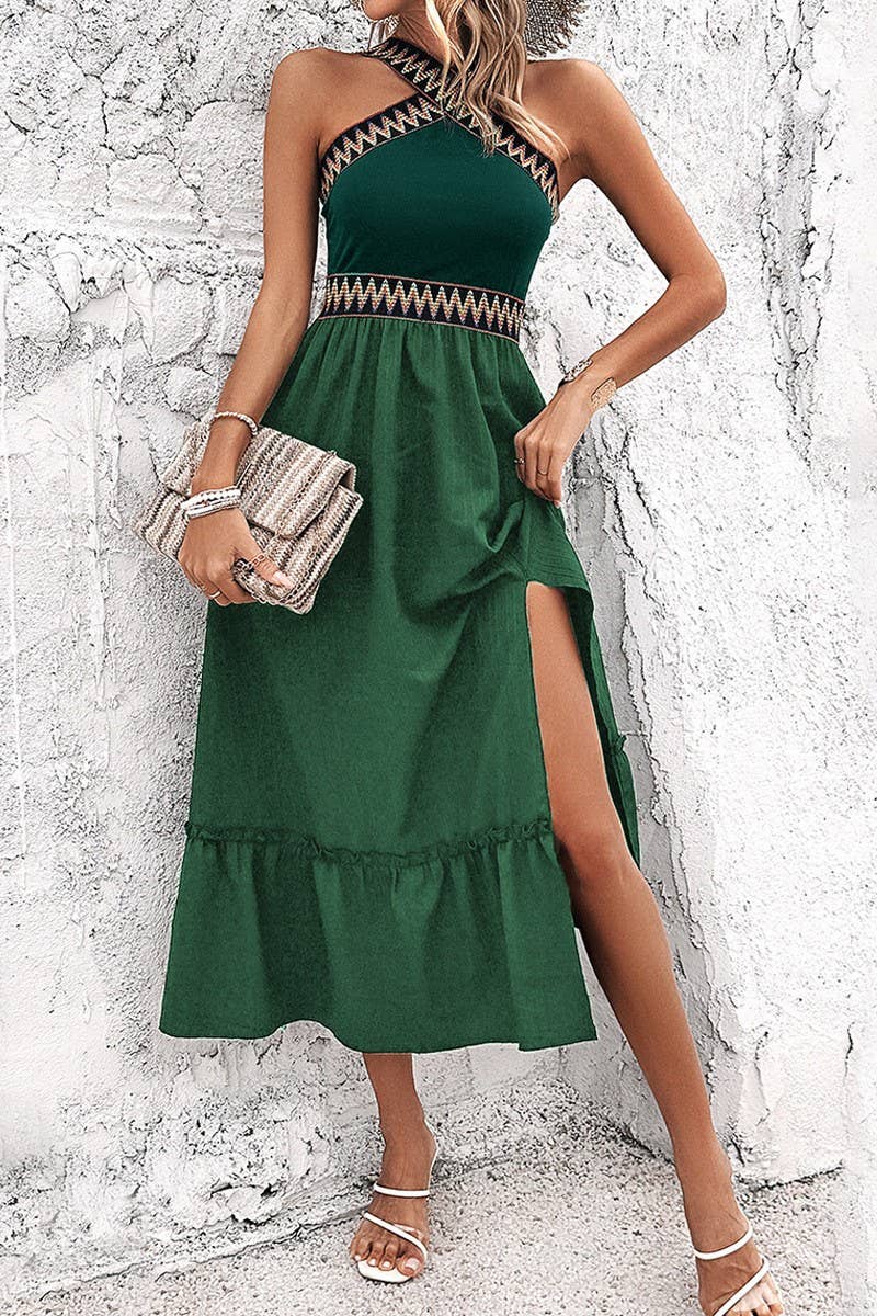CWDTD0413_HIGH WAIST HALTER NECK CONTRAST COLOR SLIT DRESS