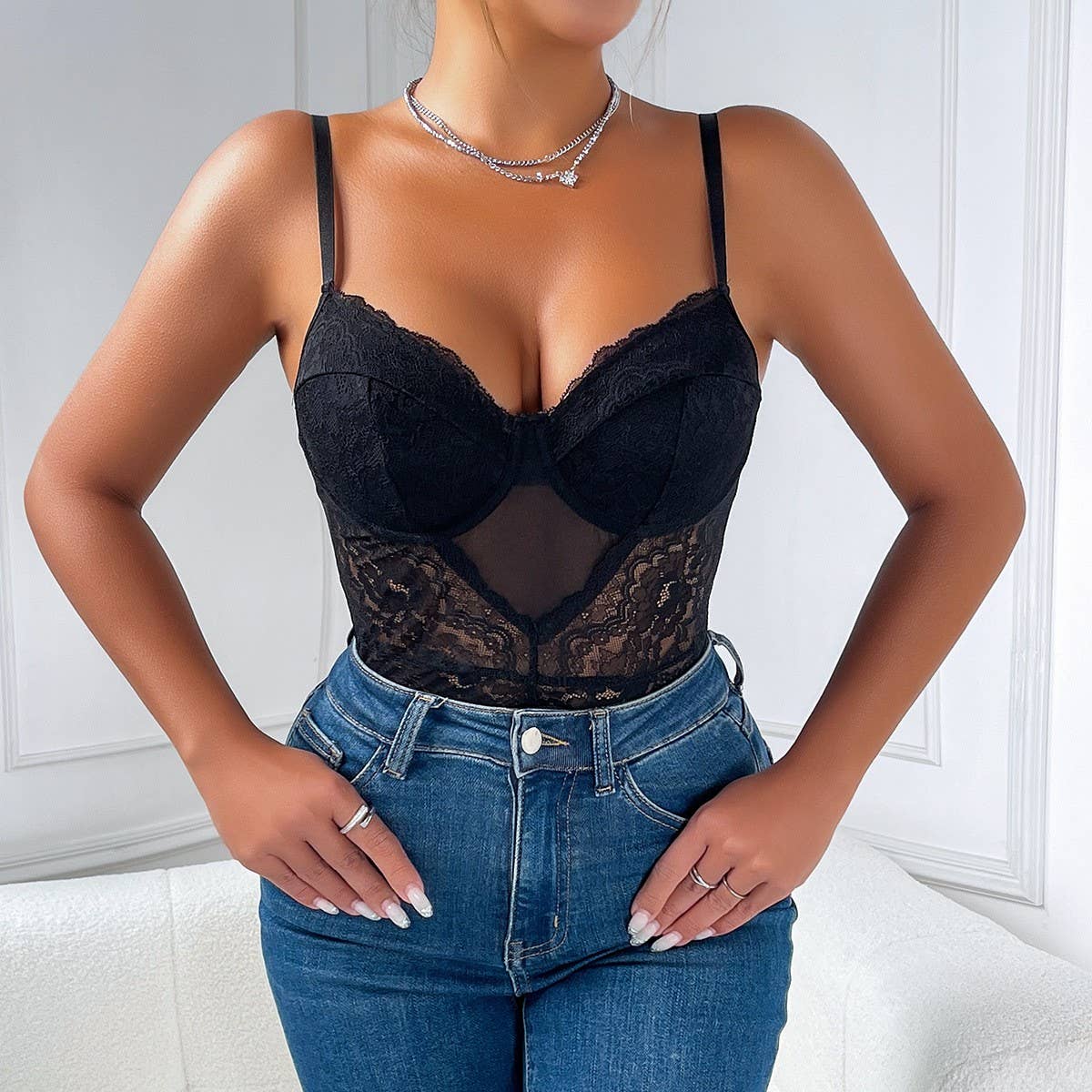 LACE PATCHWORK SLIM SEE-THROUGH CAMISOLE JUMPSUIT