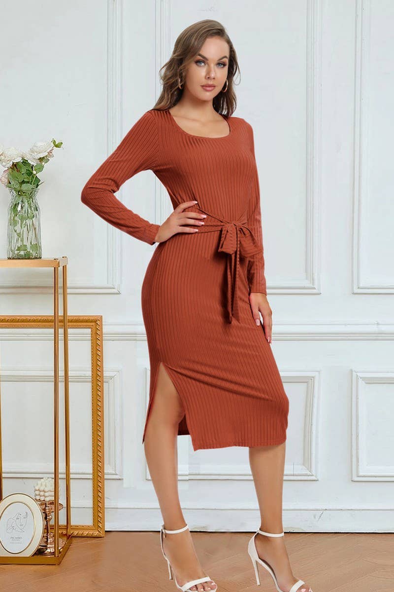 CWDMD4728_SOLID COLOR STRAPPY SLIT MID-LENGTH DRESS