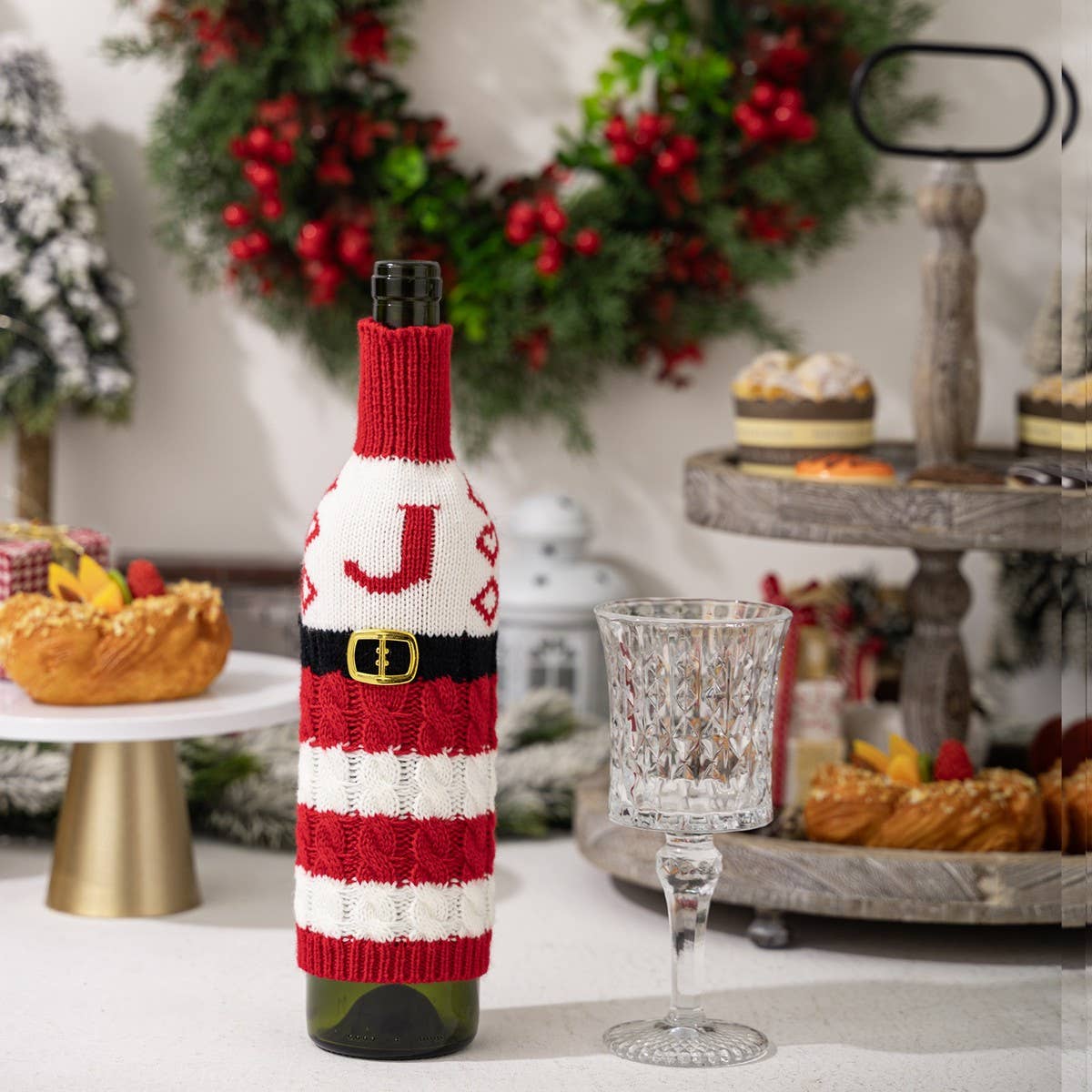 CWMM10337_KNITTED LETTER WINE BOTTLE COVER RED WHITE STRIPES