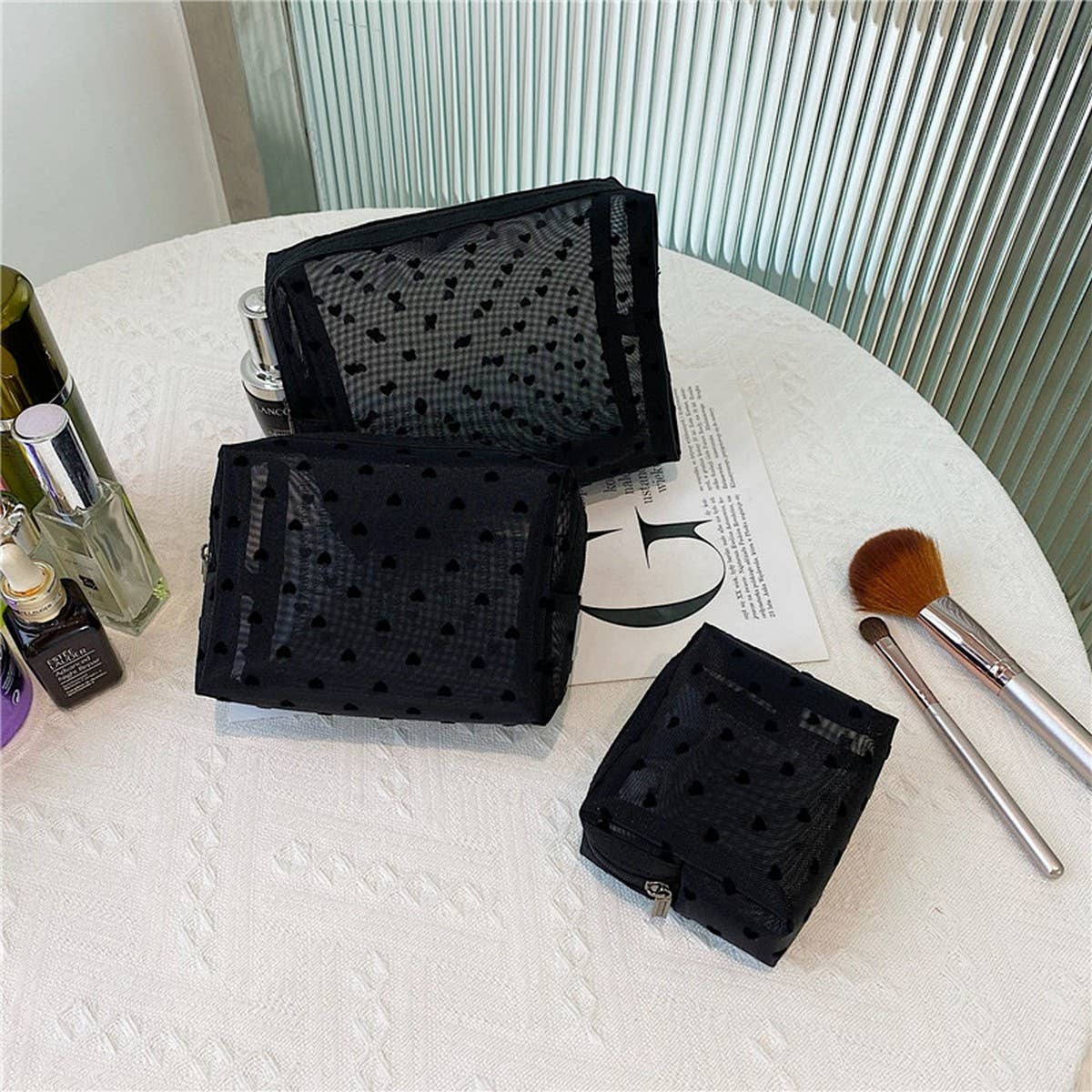 NEW FASHION MESH FLOCKING LOVE COSMETIC BAG_CWAB4496