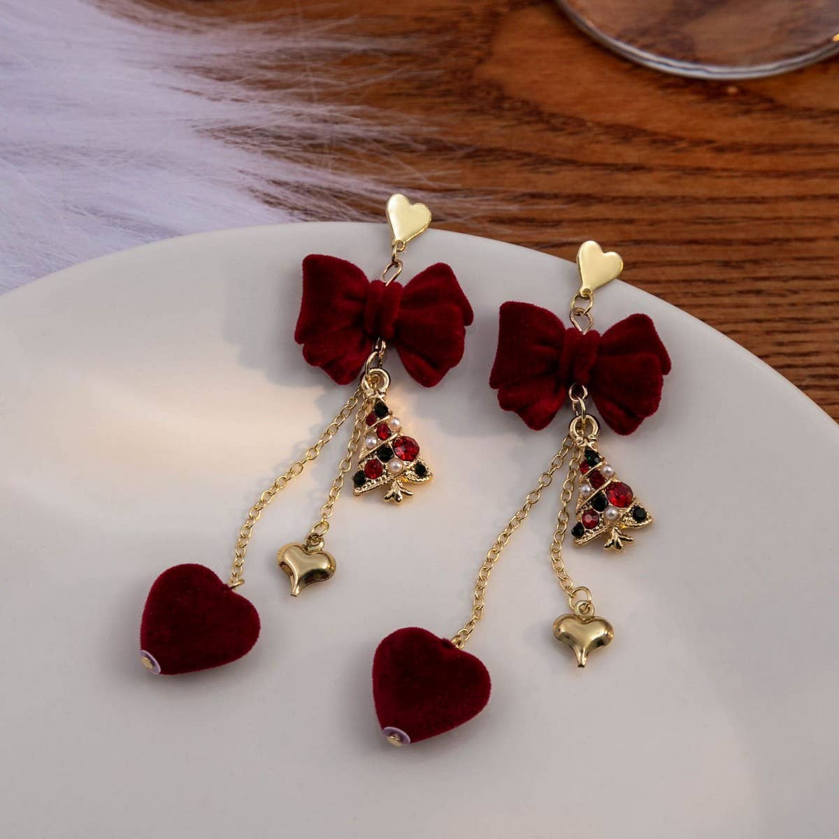 NEW BURGUNDY BOW LONG HEART EARRINGS