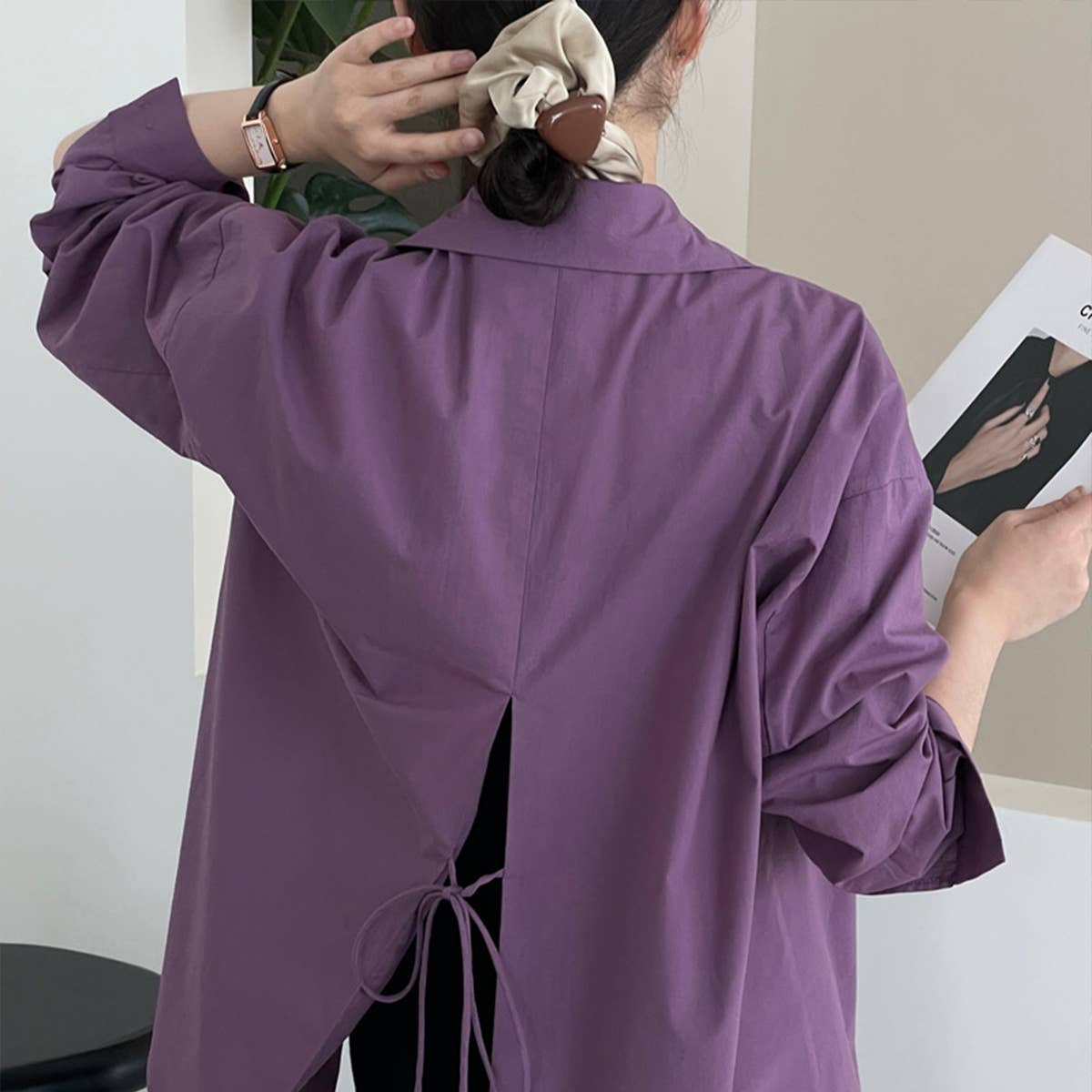Slouchy long-sleeved shirt with split streamers