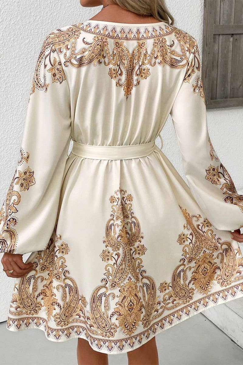 CWDMD01043_BOHO V-NECK TIE WAIST PAISLEY LONG SLEEVE DRESS