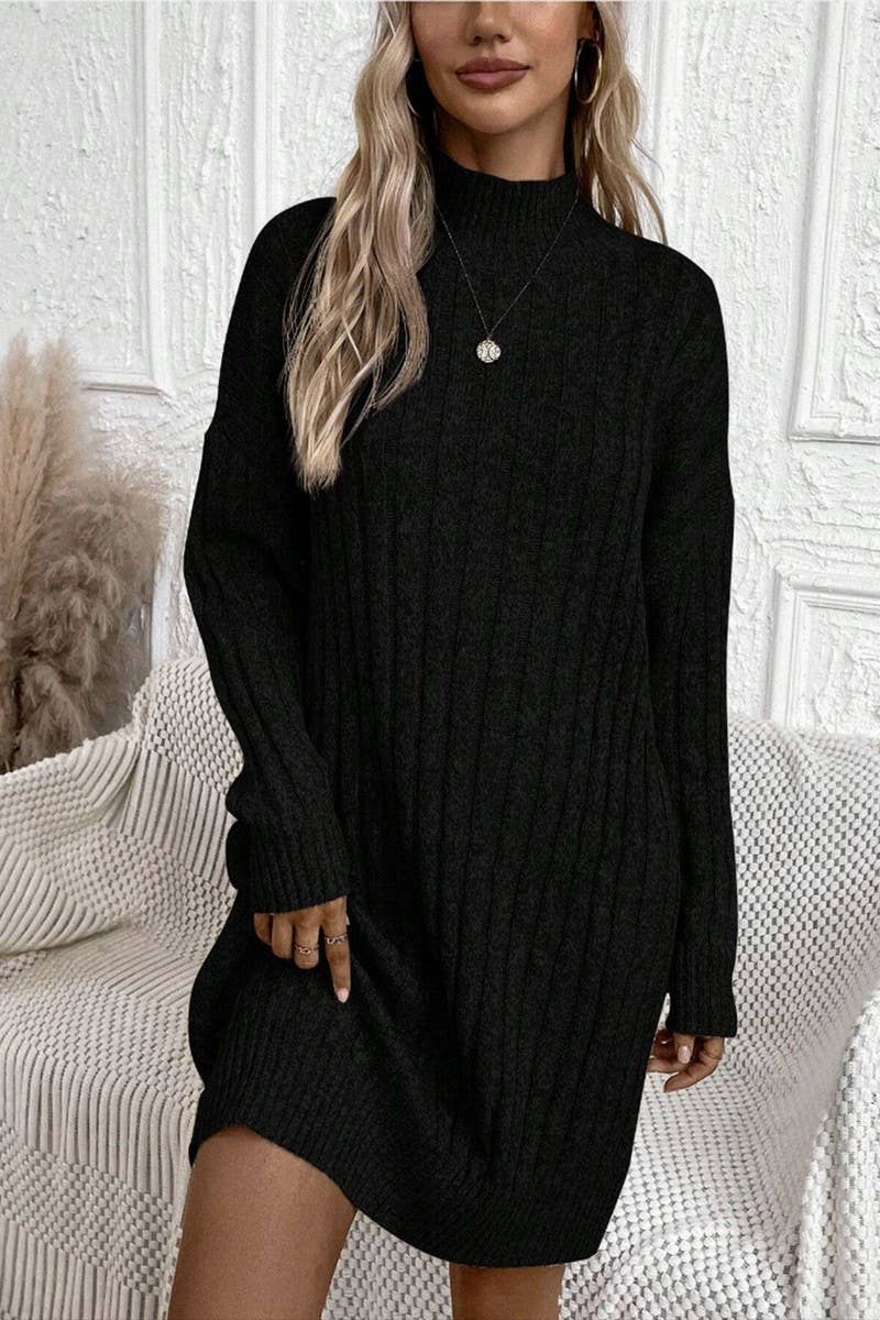 CWDSD10822_SOLID TURTLENECK LONG SLEEVE BODYCON KNIT DRESS