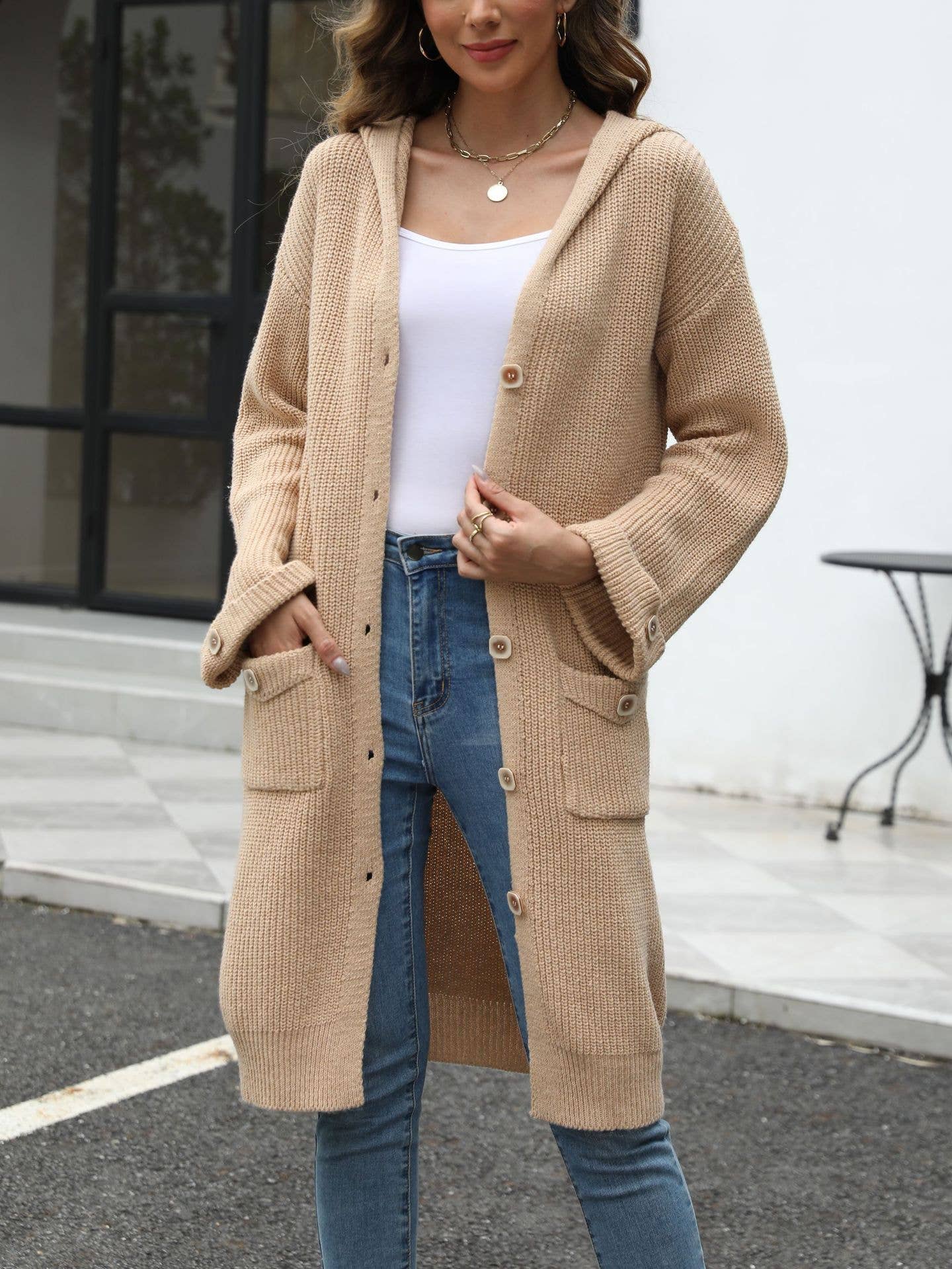 V-NECK LOOSE SOLID COLOR HOODED CARDIGAN